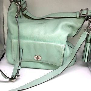 Coach teal green leather shoulder bag purse vintage lots of pockets medium large